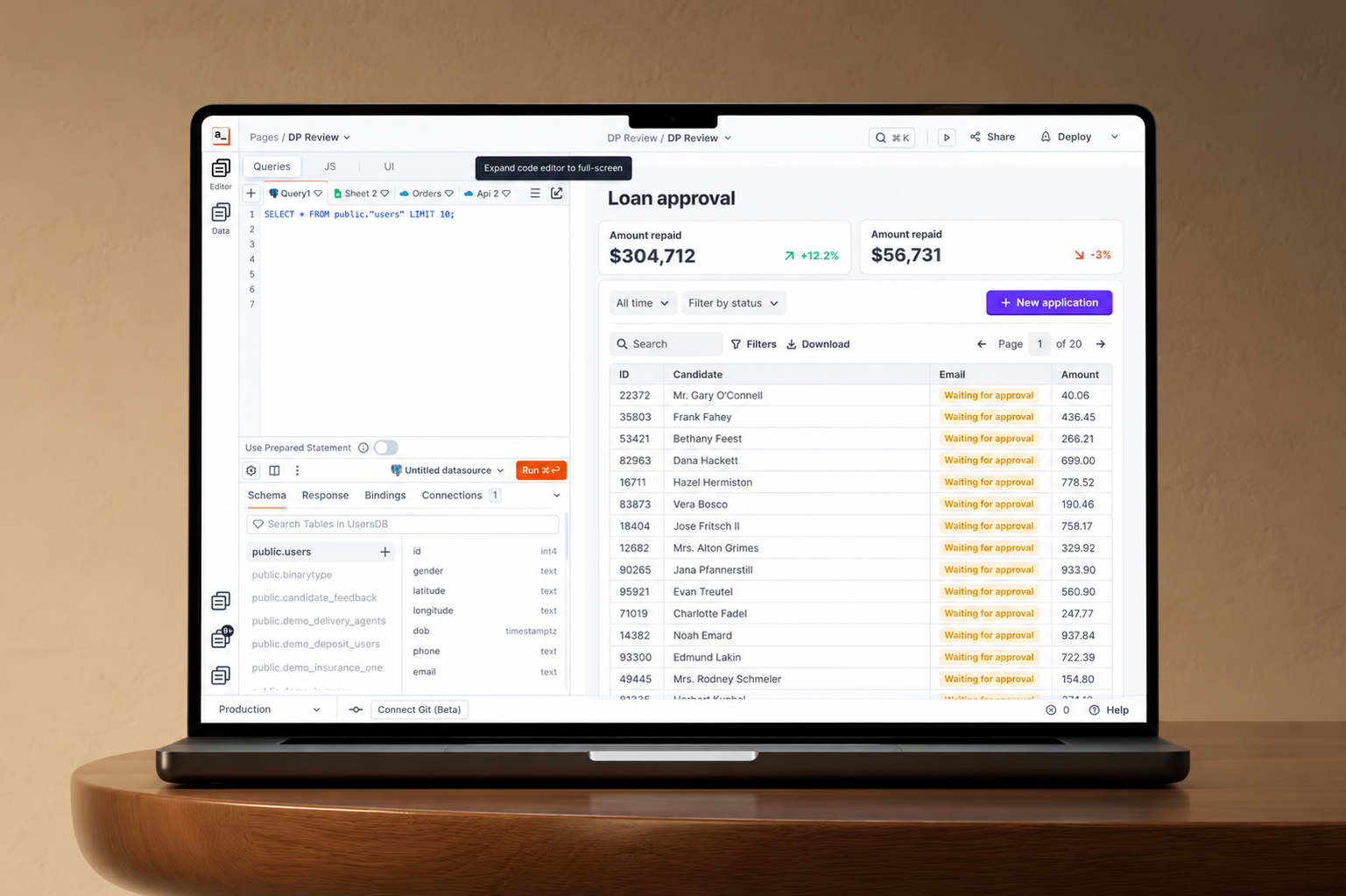 Appsmith loan approval workflow on a laptop