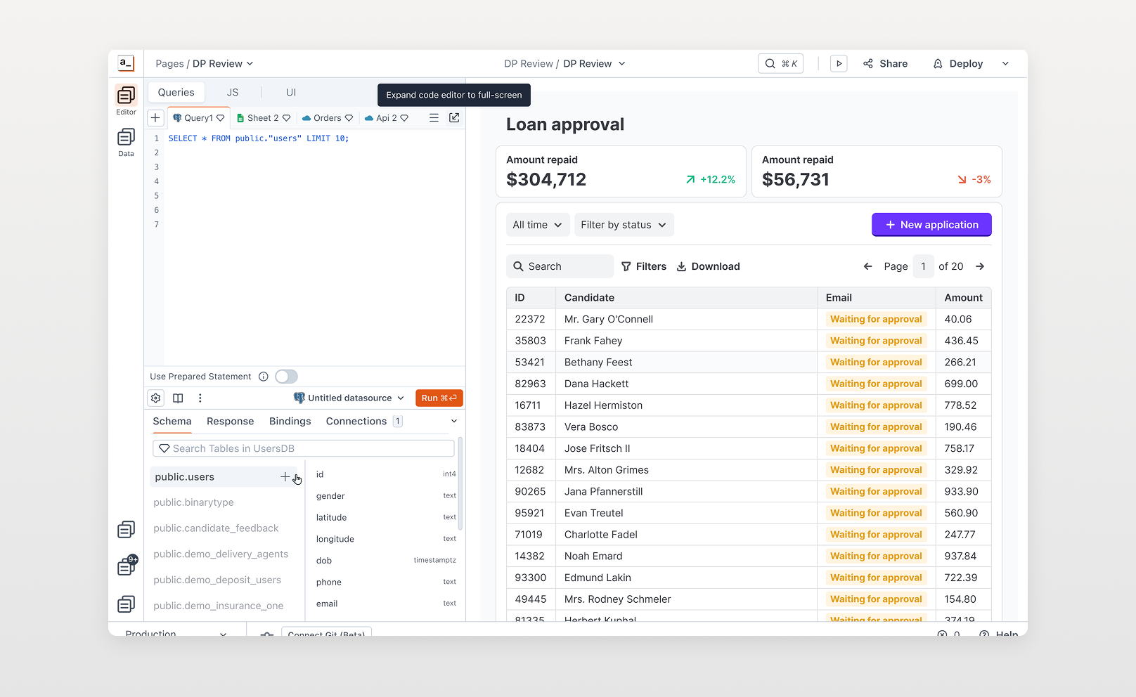 Appsmith loan approval dashboard
