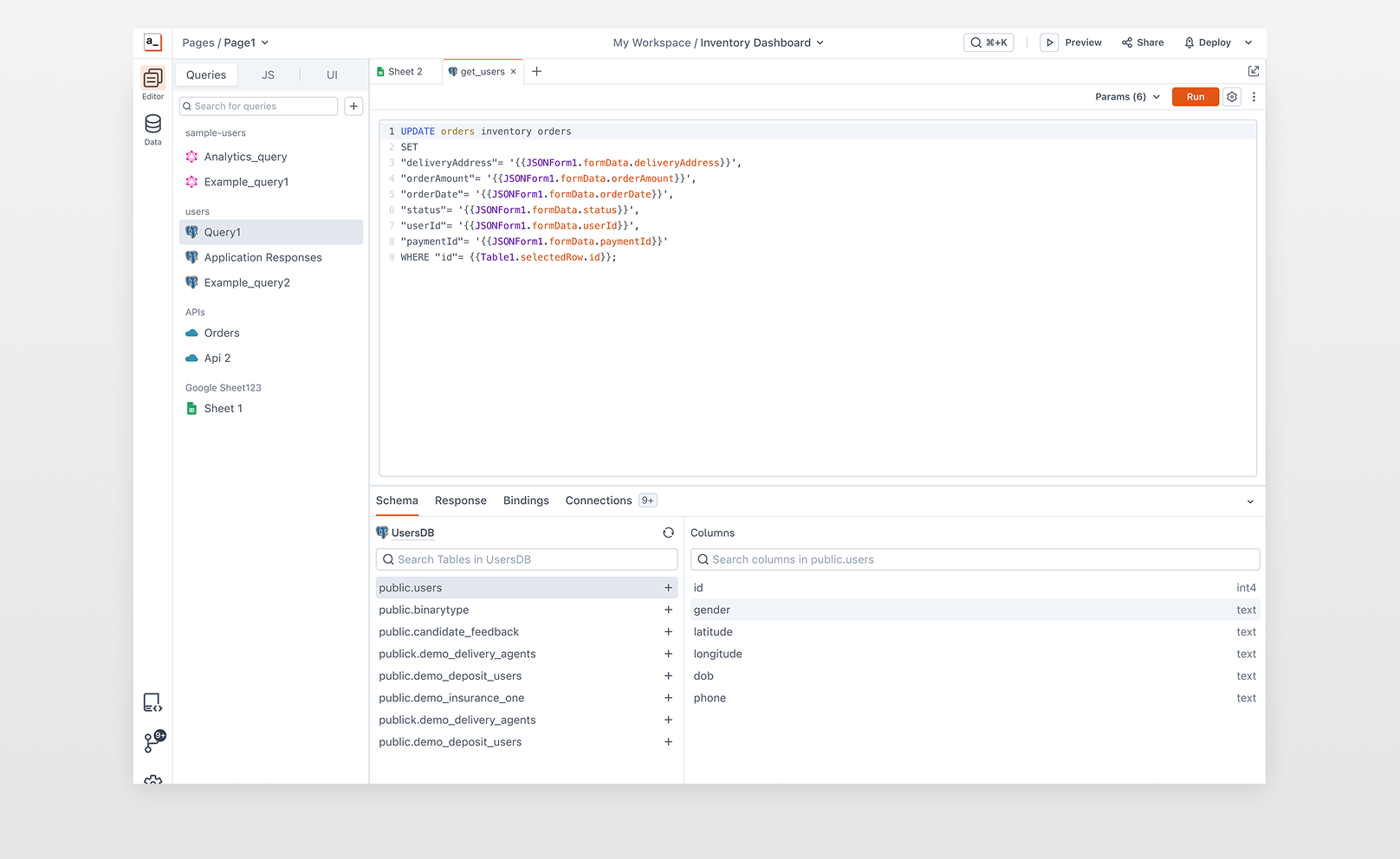 Appsmith query editor workspace