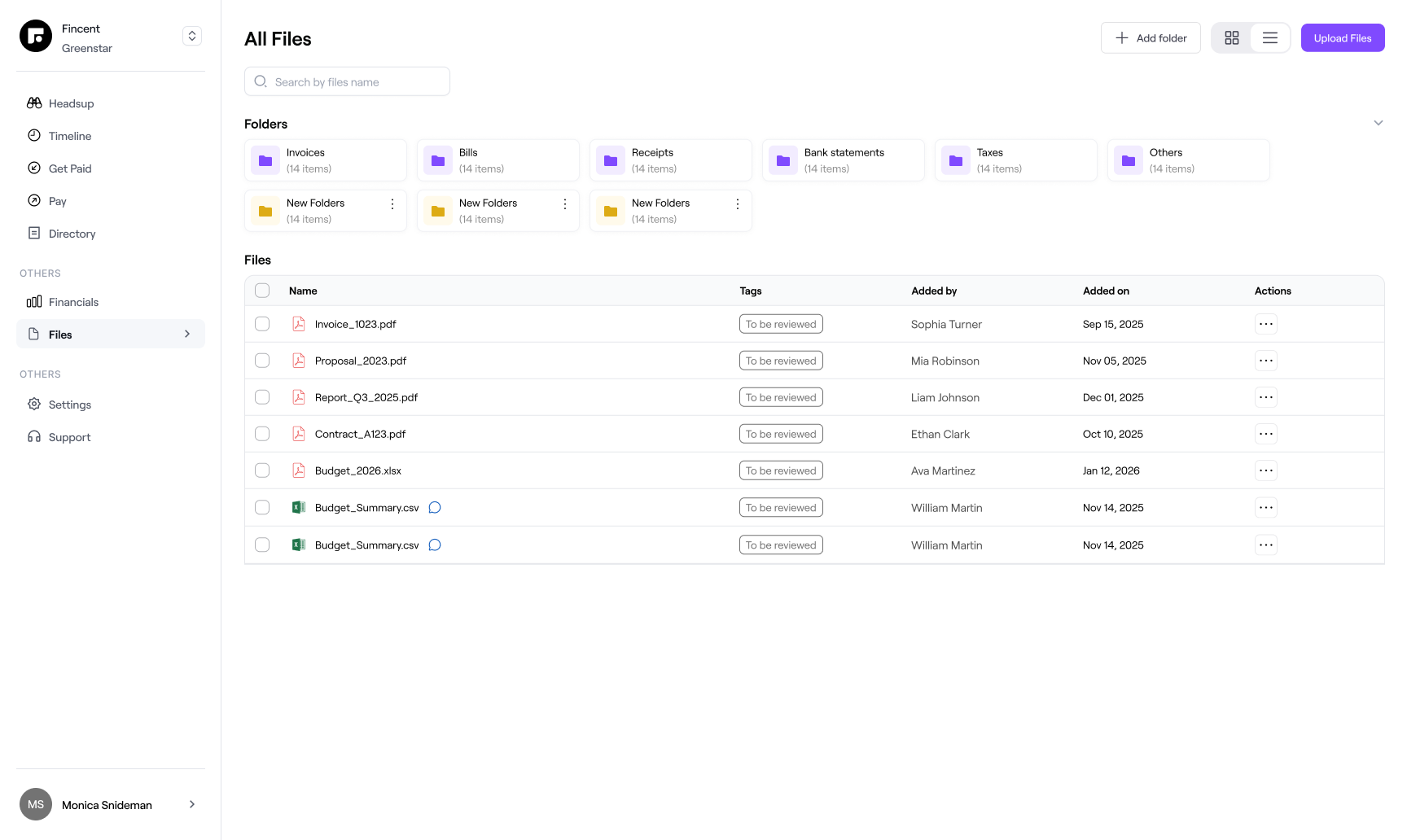 Fincent file workspace for invoices, bills, receipts, statements and tax documents