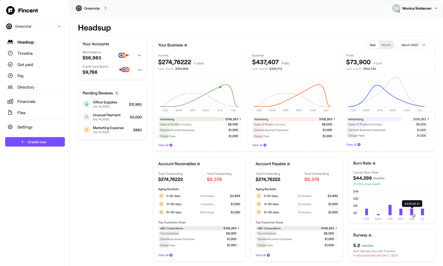 Fincent financial overview showing balances, business performance, receivables and runway