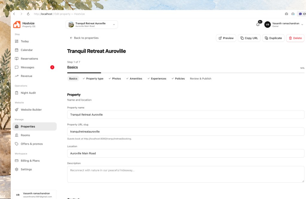 Editing Tranquil Retreat Auroville in Hostvize: property basics, location, and description