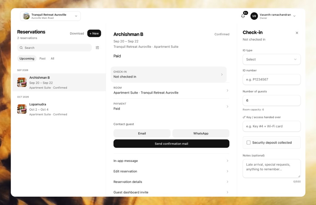 Hostvize reservation for Archishman B, with check-in, payment, and guest contact in one view