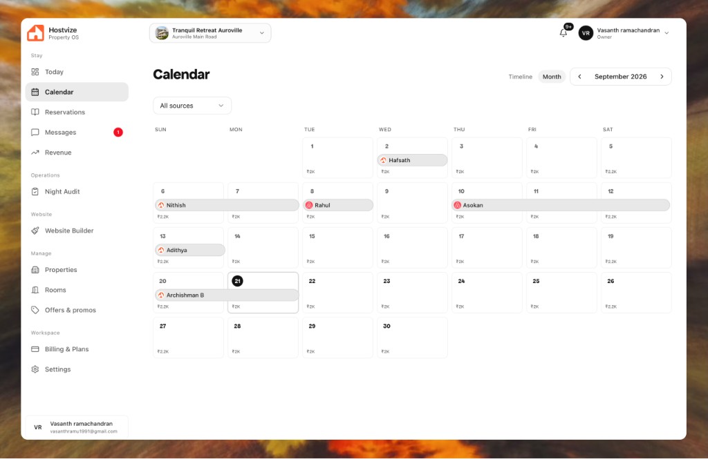 Hostvize month calendar showing stays across September, with names and nightly rates on each date