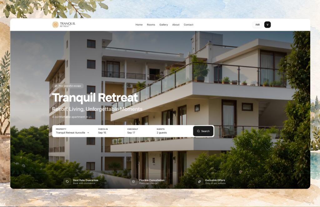 Tranquil Retreat direct booking website with property search for check-in, checkout, and guests