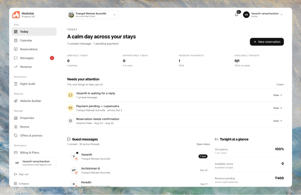 Hostvize Today: arrivals, departures, pending payments, occupancy, and items that need attention