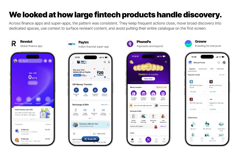 Revolut, Paytm, PhonePe and Groww screens showing how large fintech products handle discovery