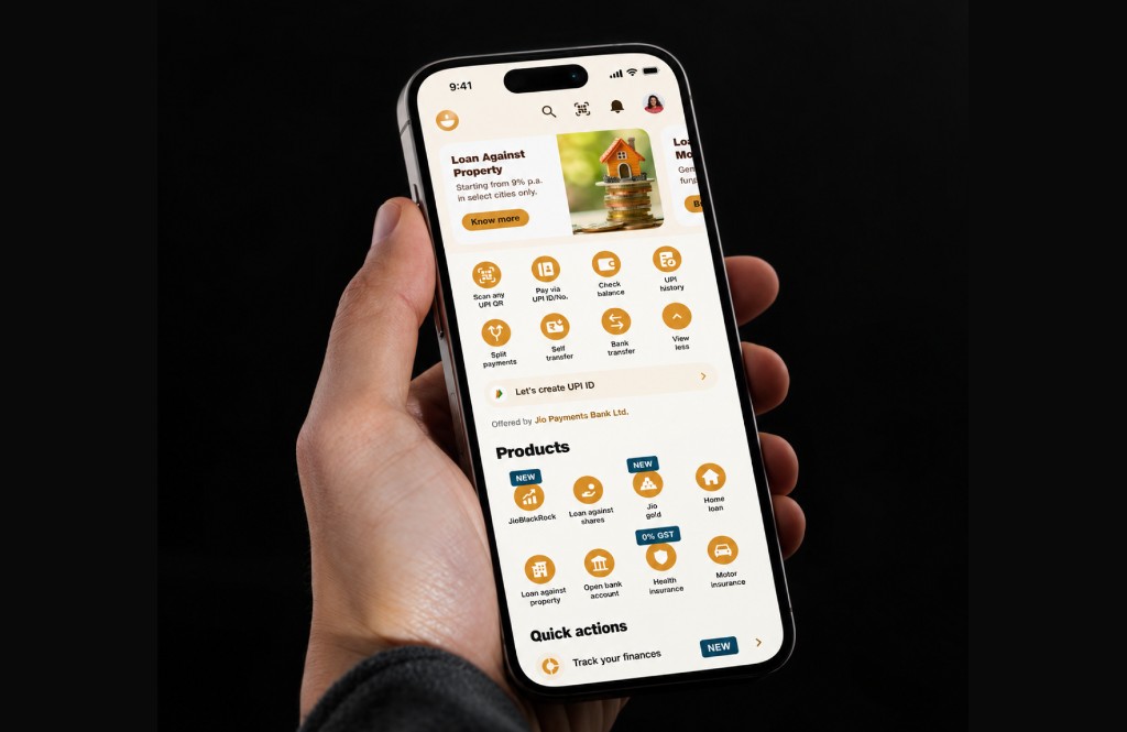 JioFinance Home on a phone, with promotions, products and quick actions competing on one screen