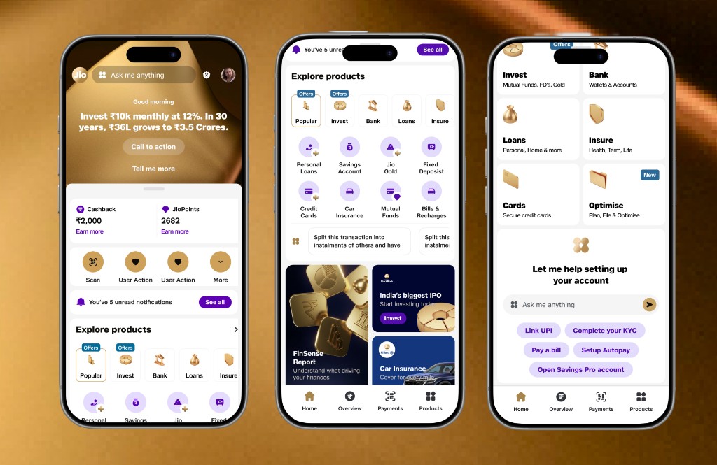 Final direction: Home with Ask me anything and Explore products, a dedicated Explore products screen, and a setup flow with AI assistance