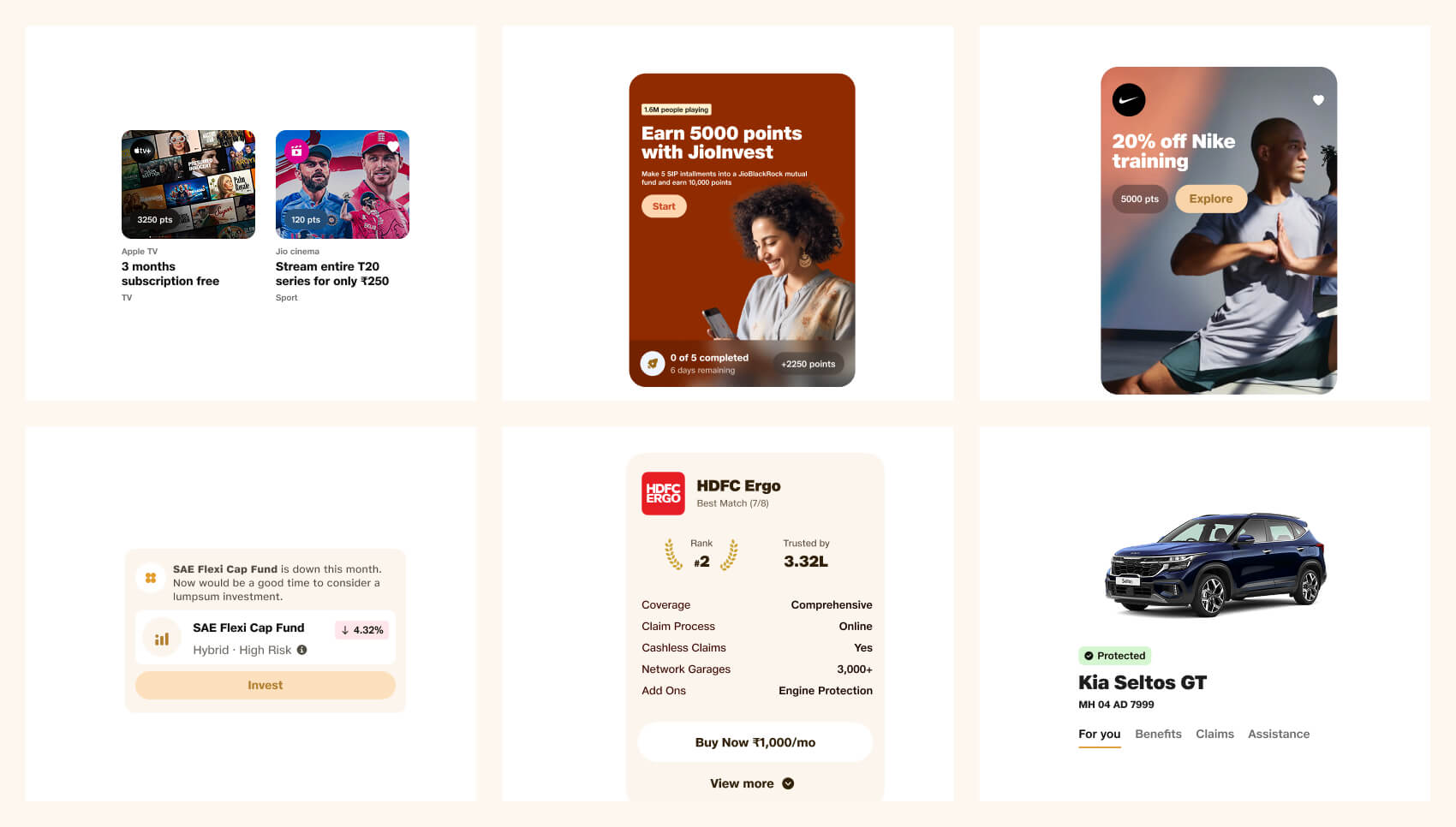 JioFinance rewards, investment, insurance and vehicle components
