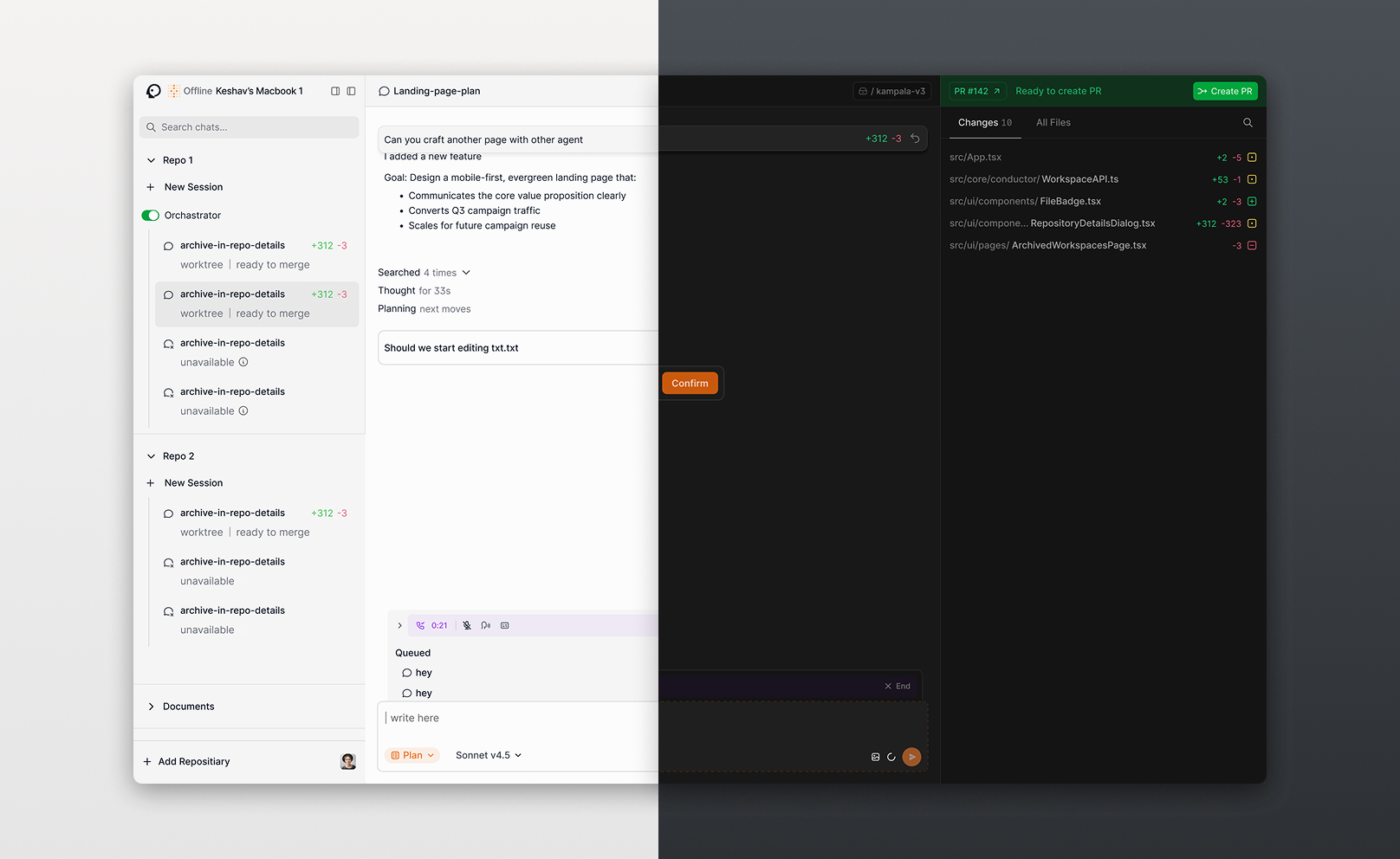 Omnara workspace transitioning between light and dark themes