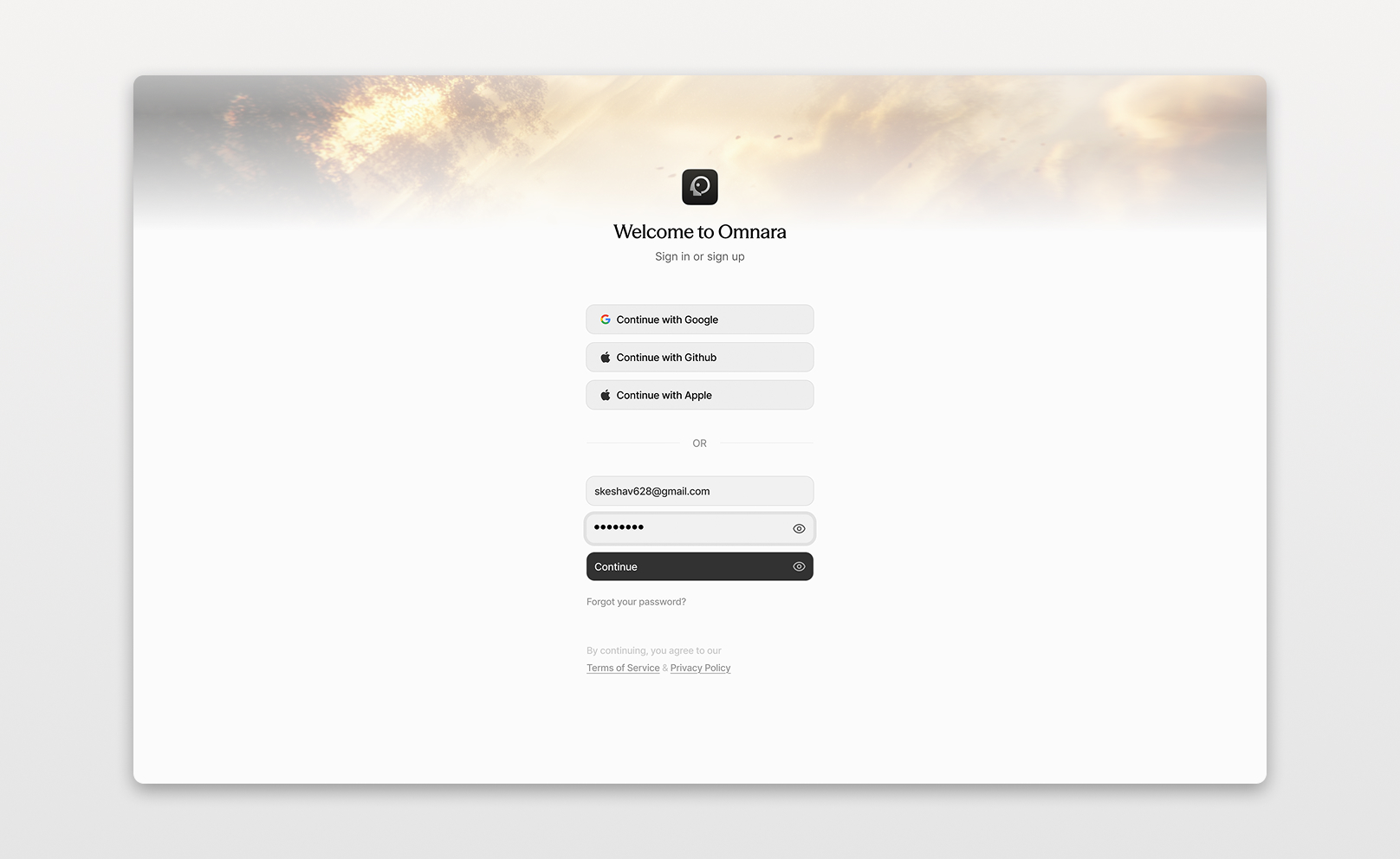 Omnara welcome and sign-in screen