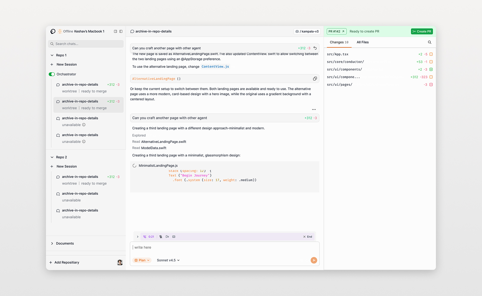 Omnara desktop workspace showing multi-repository agent sessions