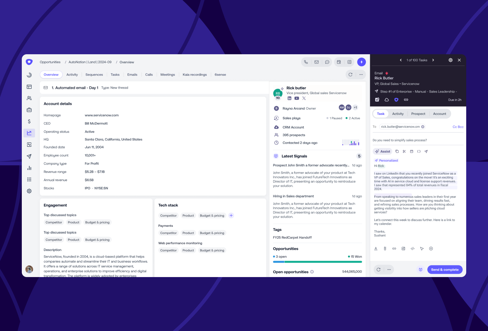 Outreach opportunity workspace with sales task panel
