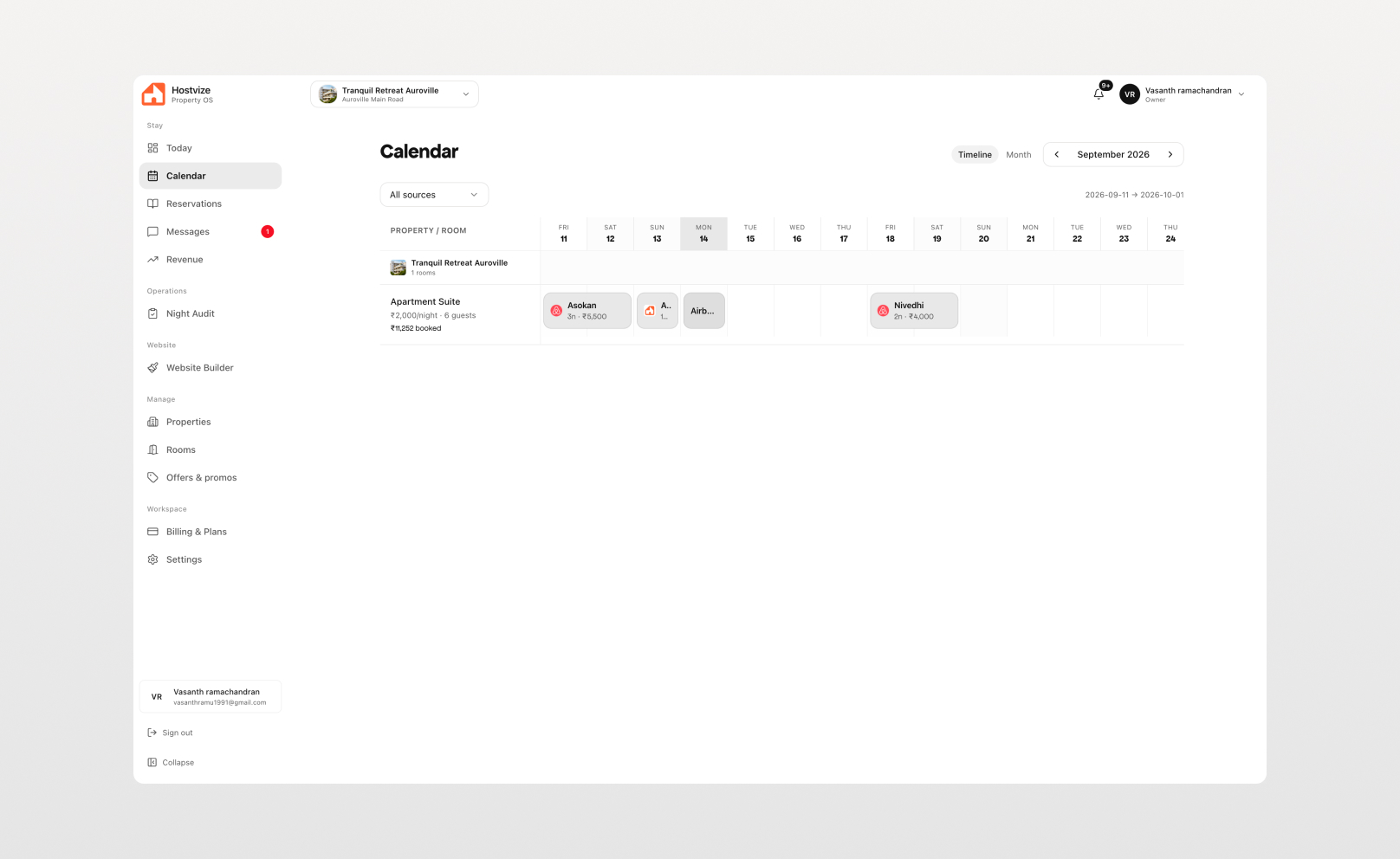 Hostvize booking calendar with room availability and OTA reservations