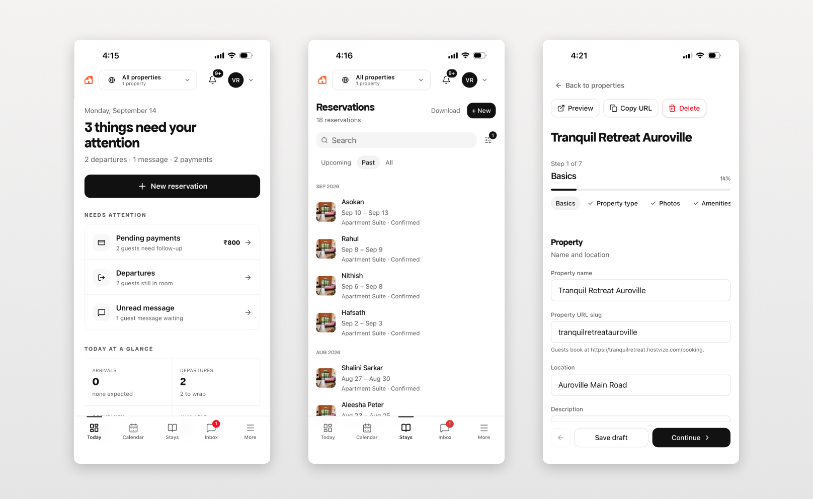 Hostvize mobile views for daily tasks, reservations, and property setup