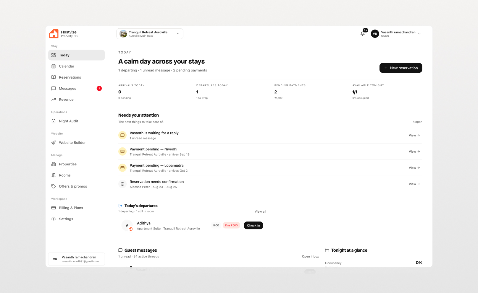 Hostvize desktop dashboard showing daily property operations