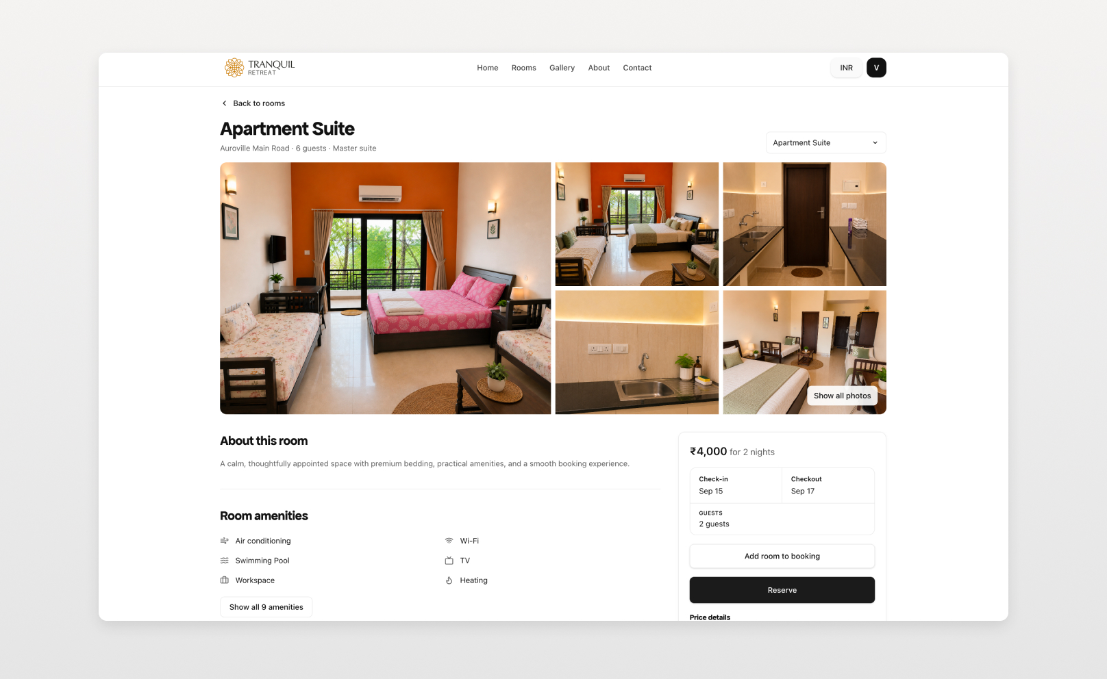 Hostvize guest-facing room detail and reservation page