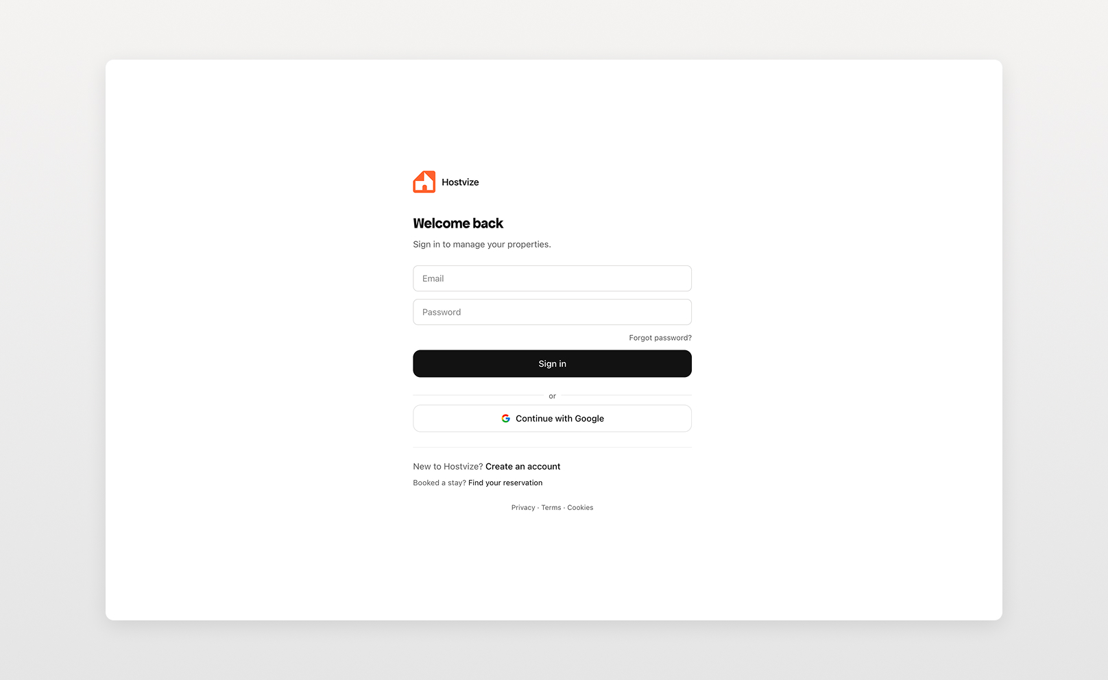 Hostvize sign-in screen for property managers