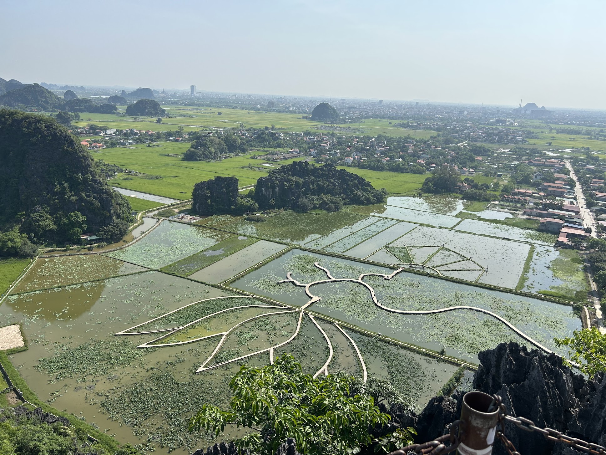A panoramic view of fields, wetlands, and limestone hills